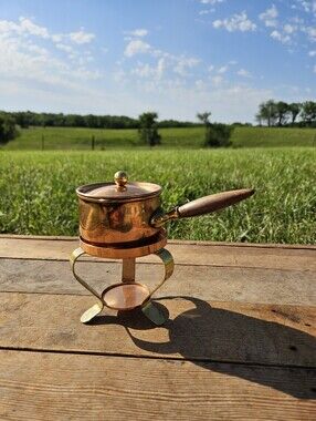 Vtg Tagus Portugal MCM Copper Mini Fondue Pot Set w/ Brass Burner Stand
